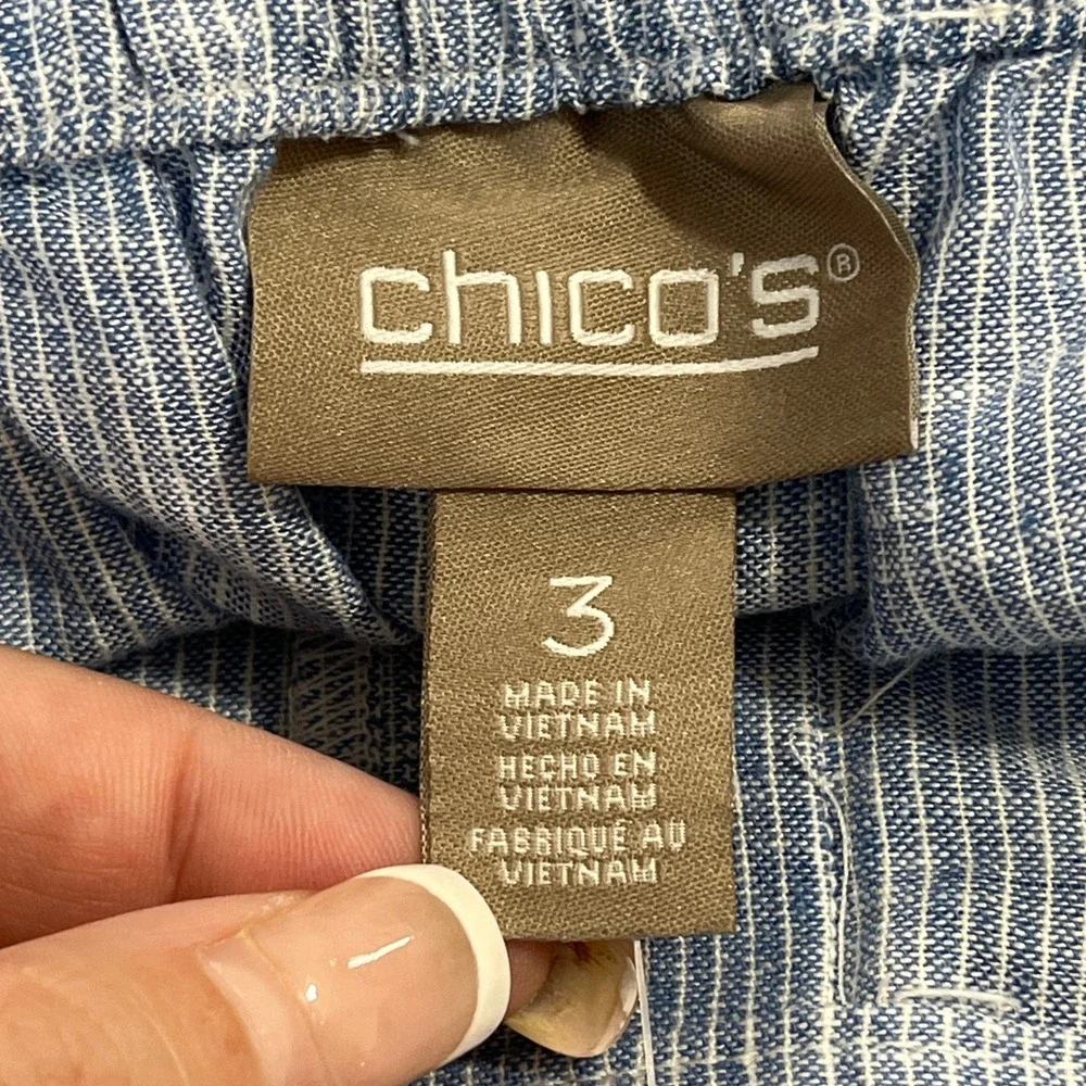 Chicos Pull On Straight Ankle Pant Women 16 Linen Blend Blue Stripe Eyelet Hem